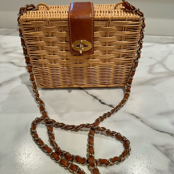 J. McLaughlin Handbags - Woven Rattan Crossbody Bag with Brown Leather Trim